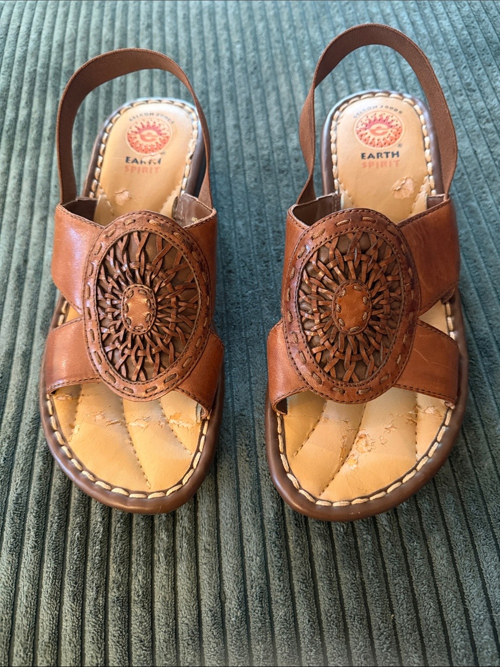 Earth Spirit Brown Leather Woven Medallion Slingback Sandals